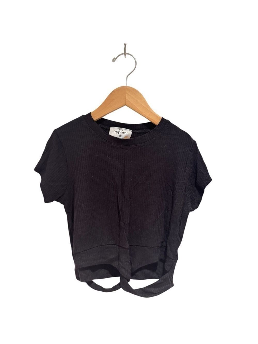 SLS Apparel Black Ribbed Short Sleeve Kids Tee - size L (approx 10)